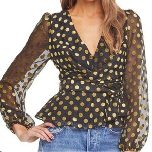 Astr The Label Tonic Wrap Black Blouse with Gold Dots size small